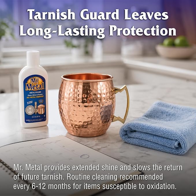 Mr. Metal Metal Polish Liquid, Multipurpose Cleaner, Tarnish Remover, 8 oz | Non-Abrasive, For Sterling Silver & Silverplate, Brass, Copper, Stainless Steel, Pewter & Chrome, Removes Tarnish Fast