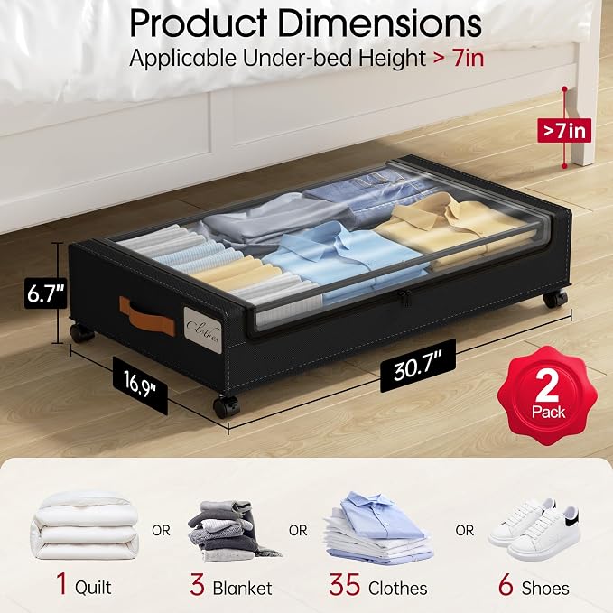 Yecaye 60 L Under Bed Storage with Wheels, 2 Pack Under Bed Storage Containers, Underbed Shoe Storage with Clear Window & Label, Rolling Under Bed Metal Drawer for Clothes, Shoes, Books, Black