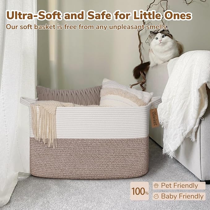 Goodpick Woven Storage Baskets for Organizing 22”x17”x12” Large Blanket Basket for Living Room Home Decor, Rope Nursery Toy Storage for Kids Baby Laundry Basket with Handles