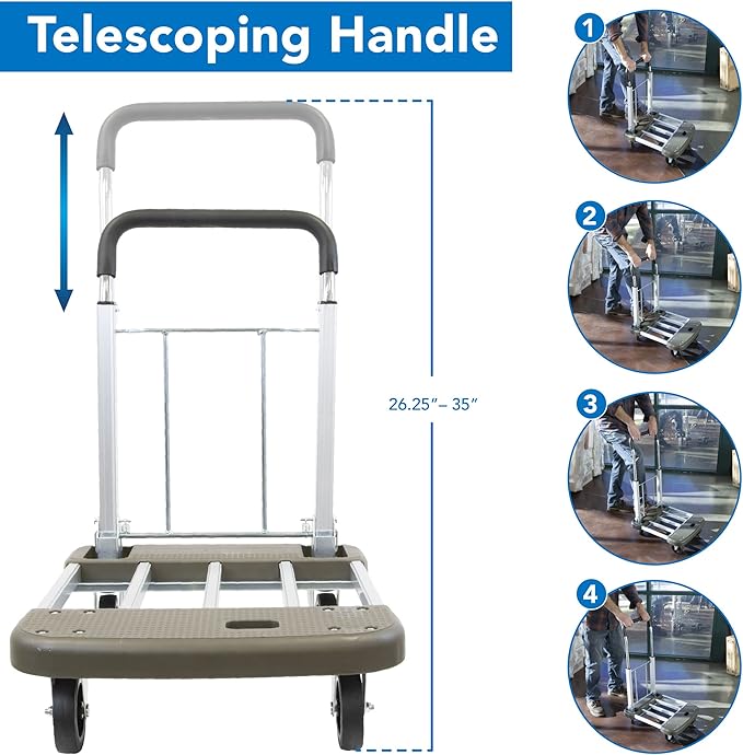 Mount-It! Foldable Push Cart, Utility Dolly Platform Cart, Adjustable Length, Folding Hand Truck, Portable Dolly for Moving Boxes, Appliances, Furniture, 330 lbs Capacity