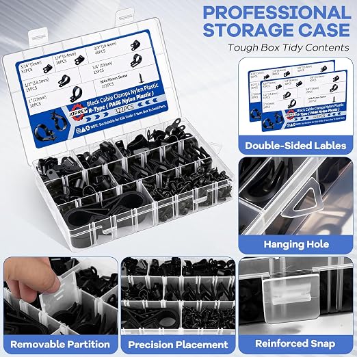 JORREP 322PCS Black Cable Clips R-Type Nylon Wire Clips Assortment Kit 6 Sizes 3/16" 1/4" 3/8" 1/2" 3/4" 1" Cable Clamps with M4 Screws for Wire Managemen, Office, Garage