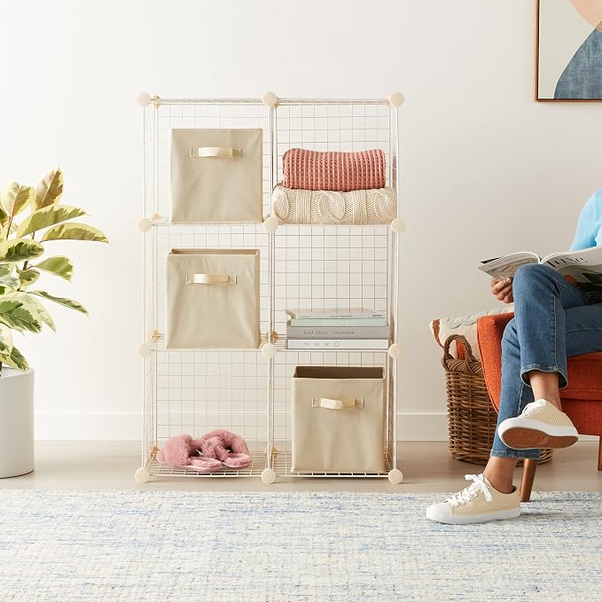 Amazon Basics 6 Cube Wire Grid Storage Organizer, Stackable Storage Cubes, Modular Closet Organizer Shelves, 14.6" D x 30.3" W x 44.8" H, White