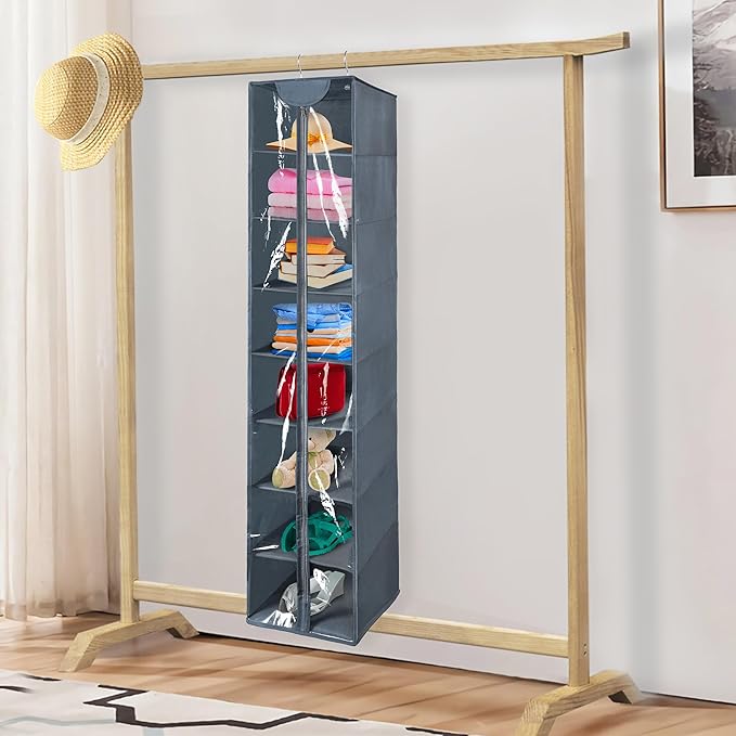 Libeder Hanging Closet Organizer, 8-Shelf Wardrobe Clothes Storage Organizer with Zipper,Hanging Shelves for Sweater,Shoes,Purse,Hats,Gray