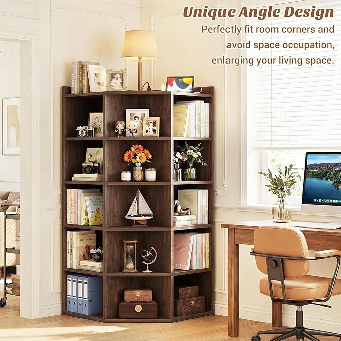 Aheaplus Corner Cube Book Shelf, 6-Tier Corner Cabinet with Power Outlets, Corner Cube Storage Shelf with Top Table, Wooden L Shaped Cubby Bookcase for Home Office, Bedroom, Living Room, Black Walnut
