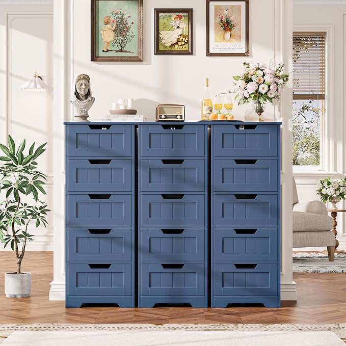 FOTOSOK Bathroom Cabinet, Bathroom Storage Cabinet with 5 Drawers, Wooden Storage Cabinets with Cut-Out Handles, 11.8” x 15.7” x 40.1” Bathrooms Floor Cabinets for Hallway/Living Room, Blue