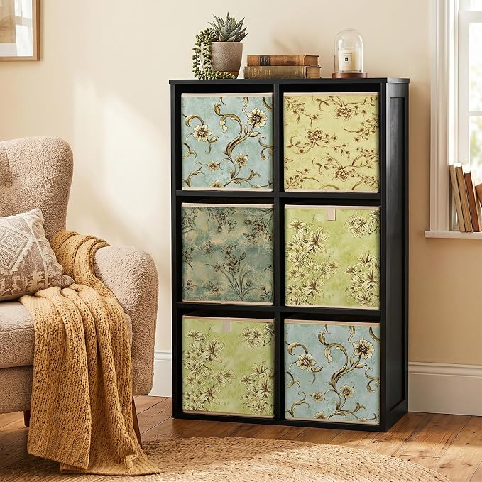 Novabright 6 Pack Vintage Floral Storage Bins 11 Inch Cube Storage Baskets with Handle Collapsible Fabric Boxes Cube Organizer Cubby Shelf Bedroom Closet Classroom Home Decoration for Girls