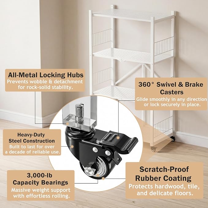 Folding Storage Shelves No Assembly, 4 Tier Foldable Storage Shelves with Wheels, Rolling Collapsible Rack for Pantry Laundry Room Kitchen, White