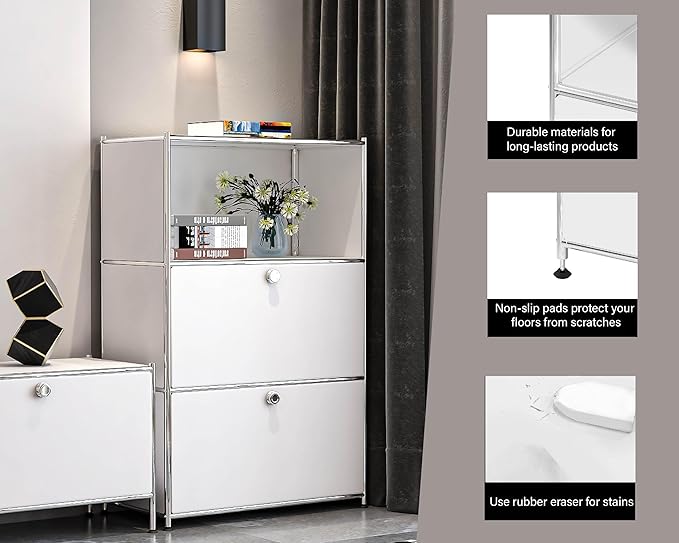 Metal Shelf with 2 Flap Doors, Large Capacity Cabinet,DIY Modern Home Furnishing,Perfect for Home, Office, Kitchen, Hallway,Foyer (White)