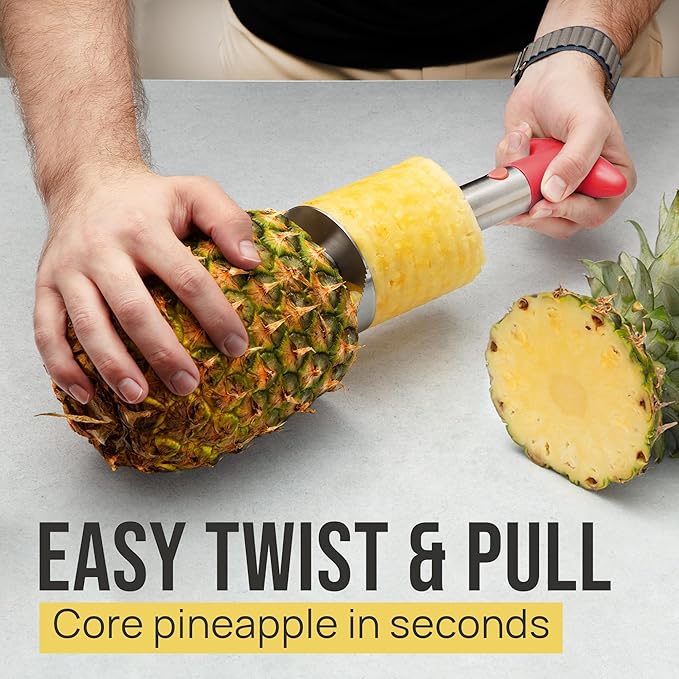 Zulay Kitchen Stainless Steel Pineapple Corer & Slicer – Heavy Duty Pineapple Cutter & Eye Removal Tool – Effortless Core Remover Tool with Sharp Reinforced Blade & Ergonomic Handle - Red