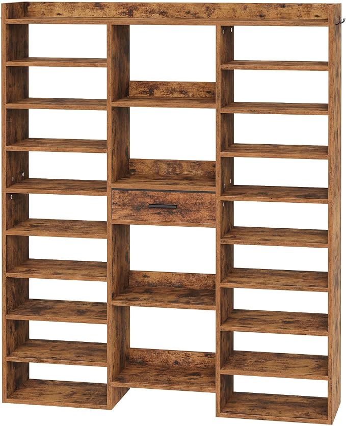 HOOBRO 10 Tier Shoe Rack Tall, 47" Large Wooden Shoe Rack Organizer, 61" Tall Shoe Shelf with Cubbies and Fabric Drawer, for 25-33 Pairs of Shoes, Entryway Shoe Organizer, Rustic Brown FG10SC01