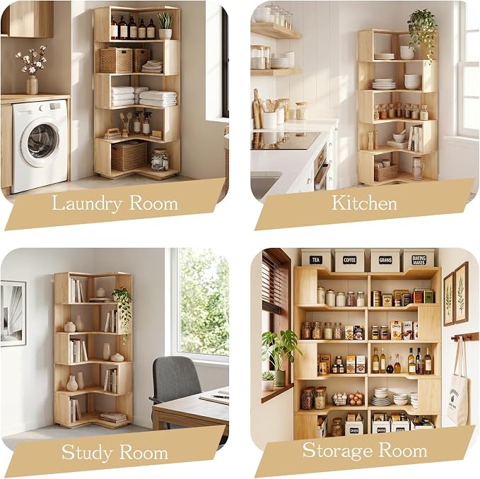 Tall Corner Bookshelf, 6-Tier Solid Pine Wood Corner Bookcase, 64" L-Shaped Book Shelf with Anti-Tip Kit, Freestanding Display Shelf for Small Spaces, Living Room, Home Office