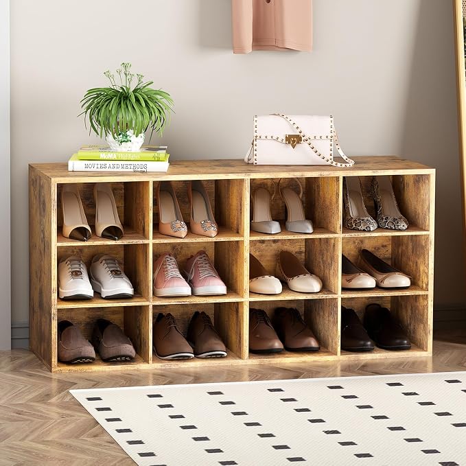 Shoe Storage Bench Cubby with 12 Cubbies, Wood Shoe Rack Organizer Cabinet | 12 Cubbies