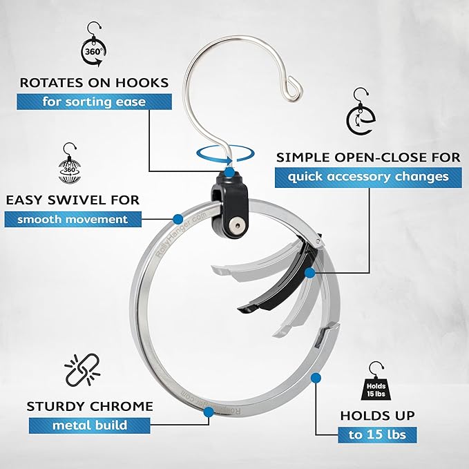 Rolly Hanger® Premium Closet Organizer, Rotating Aluminum Ring Hanger with 360° Swivel Hook, Space Saving Accessory Holder for Belts, Ties, Hats, Scarves, Purses & Handbags | Closet Organizer (2 Pack)