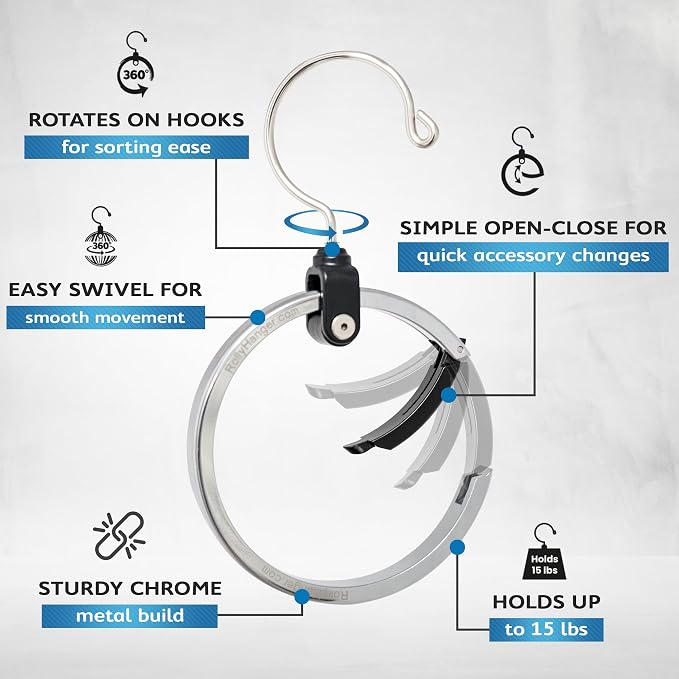 Rolly Hanger® Premium Closet Organizer, Rotating Aluminum Ring Hanger with 360° Swivel Hook, Space Saving Accessory Holder for Belts, Ties, Hats, Scarves, Purses & Handbags | Closet Organizer (3 Pack)