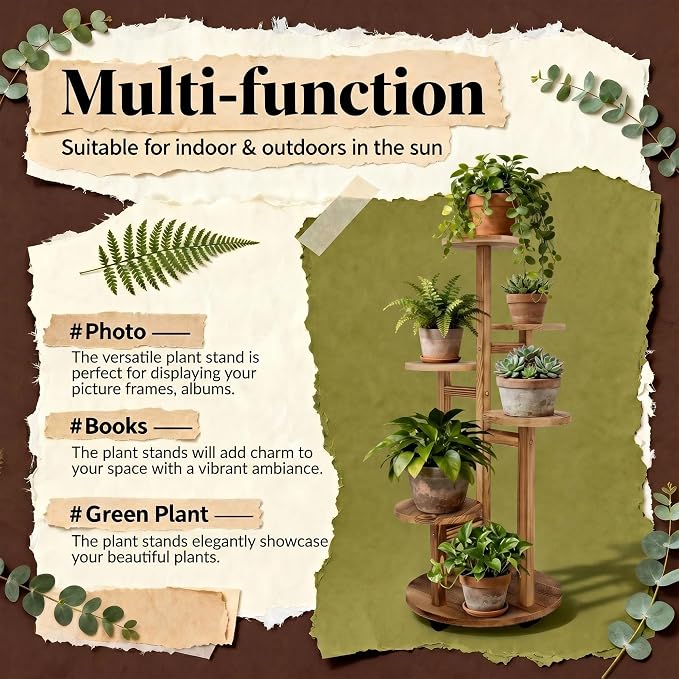 GEEBOBO 5 Tiered Tall Plant Stand for Indoor, Wood Plant Shelf Corner Display Rack, Multi-tier Planter Pot Holder Flower Stand for Living Room Balcony Garden Patio (Brown)