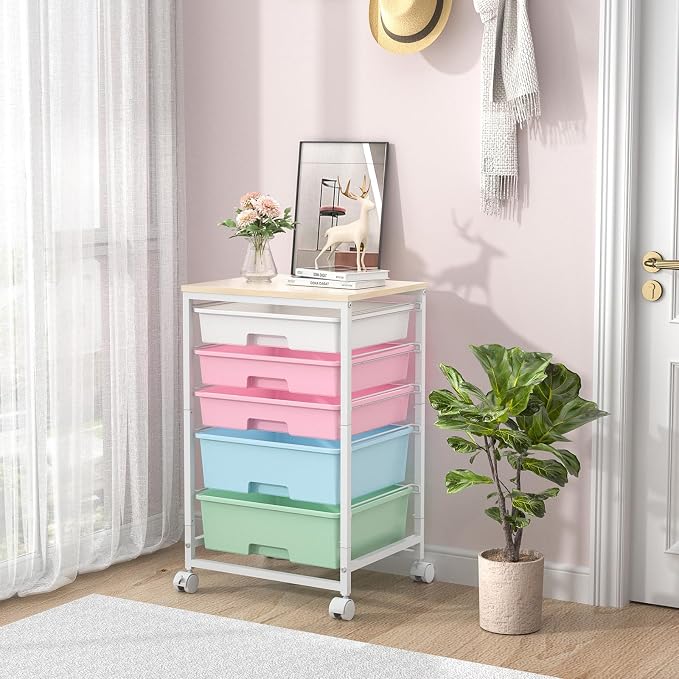 SYKIARIOL Utility Cart with 5 Drawers,Storage Drawer Cart with Wooden Tabletop and Lockable Wheels,Craft Storage Trolley Cart,5-Tier Rolling Utility Cart on Wheels,Rainbow
