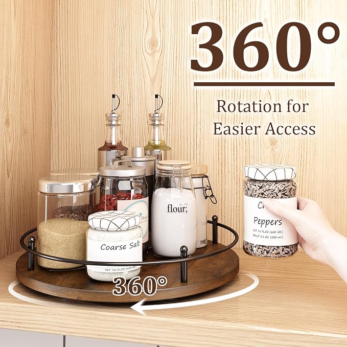 12" Lazy Susan Turntable Organizer,Round Wooden Lazy Susan Organization and Rotating Spice Rack for Dining Table,Pantry,Kitchen Countertop,Vanity,Cupboard and More.Vintage Wood(Round)