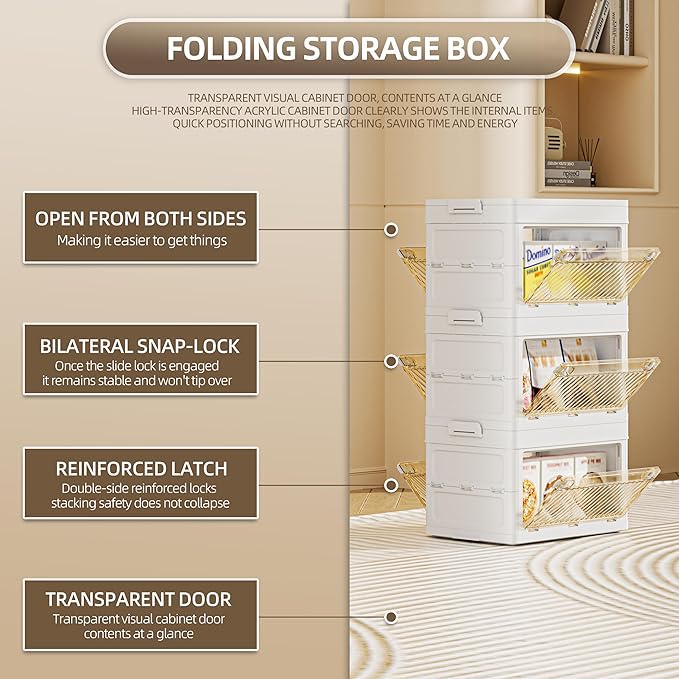 56 QT / 14 Gal Foldable Storage Cabinet - Clear Front & Back Doors with Triple Security Latches, One-Pull Assembly, Grade Organizer for Tools/Toys/Supplies