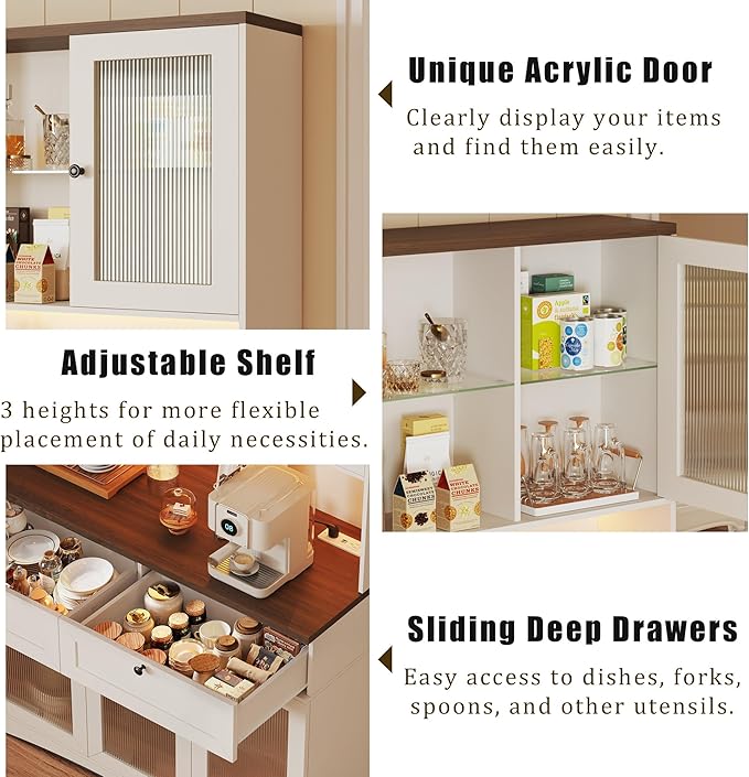 HUAHUU 71" Kitchen Pantry Cabinet with Lights & Acrylic Doors, Pantry Storage Cabinet with Microwave Stand, Kitchen Hutch Food Cabinets with Charging Station, Adjustable Shelves, White