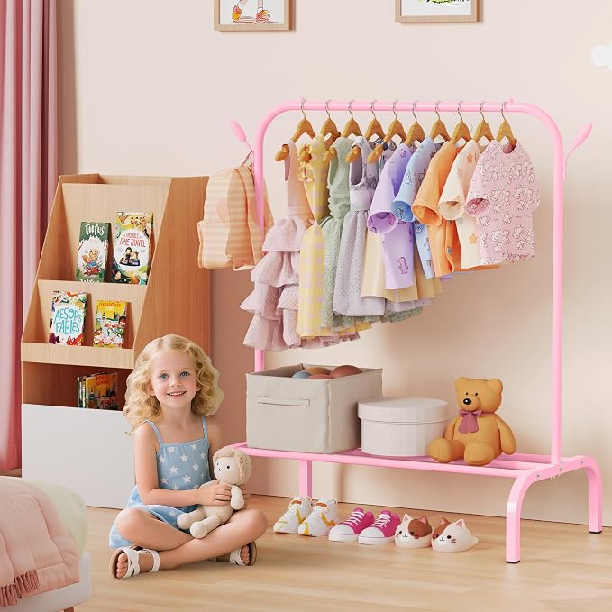 Kids Clothes Rack for Ages 3-6, Montessori Kids Clothing Rack, Pink | Kids Dress up Rack with Bottom Shelf & Side Hooks, Toddler Wardrobe Rack for Bedroom, Playroom, Nursery & Small Room Storage