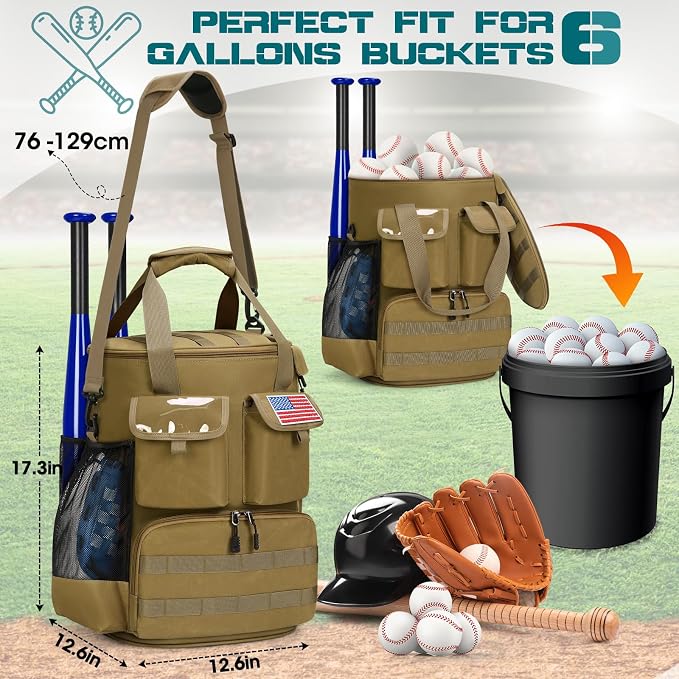 RAINSMORE Baseball Bucket Bag Baseball Coaches Accessories Organizer with Insulation Pocket Tactical Softball Bag with Anti-Slip Bottom, Multiple Pockets for Bat, Gloves, Scoreboards