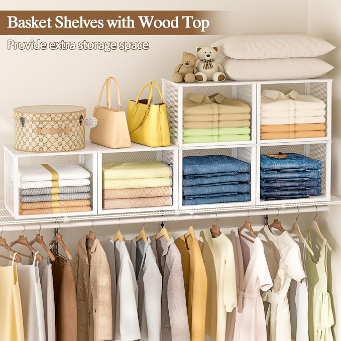 2 Pack Stackable Closet Organizers and Storage Basket, Closet Shelves with Wood Top Extra Storage, Multifunctional Clothes Organizer Bins/Cube Storage Drawer for Wardrobe Kitchen Laundry Room, White