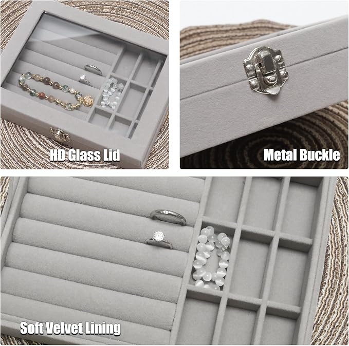 Small Velvet Jewelry Tray with Clear Lid, Lockable Ring Earring Holder Organizer Storage Box Case Jewelry Box Organizer for Rings Earrings Bracelets Brooches, 2-in-1 Gray