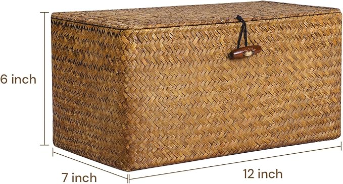 Natural Seagrass Storage Baskets with Lid,Multipurpose Home Organizer Bins Boxes for Shelf Organizer,Decorative Storage Bins- 12'' x 7'' x 6''
