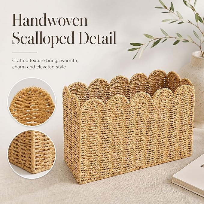Paper Rope Magazine Holder, Tall Narrow Scalloped Basket | Handwoven Paper Rope Narrow Basket for Magazine Storage, Book basket, Mail Organizer, File Holder 15"L x 6"W x 11"H