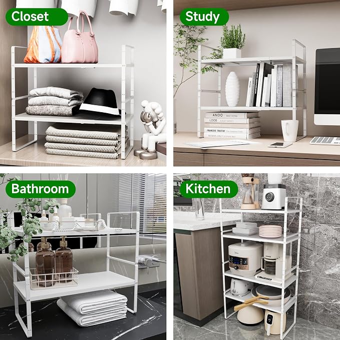 Expandable Cabinet Organizer Shelf, Adjustable Height Organizer Riser for Kitchen Cabinet Spice Rack Locker Pantry Cupboard Under Sink Countertop Desk Organization Metal Stackable Shelves