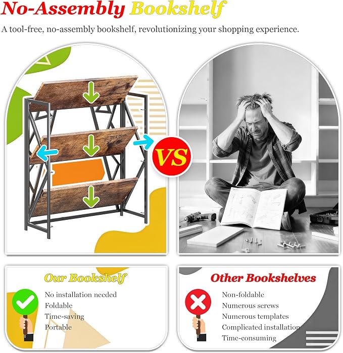 UDD No Assembly Wide Folding Bookshelf, 34" H x 30.9" W, 3 Tier Foldable Book Shelf Industrial Bookcase, Vintage Collapsible Storage Shelves for Home Office Living Room Bedroom, Rustic Brown Black