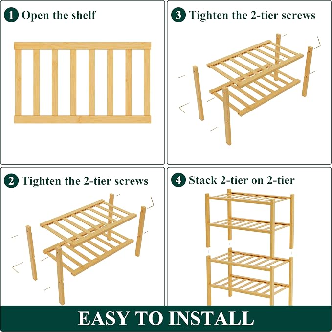 Smiry Bamboo Shoe Rack for Closet, 4 Tier Small Wooden Shoe Organizer, Stackable Wood Shoe Storage Shelf for Entryway, 14 Vertical Slats, 2+2 Stack Heavy-Duty Legs, 17.32"x11.02"x25.98", Natural