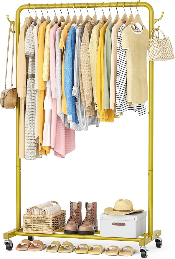 HOMIDEC Clothes Rail, Metal Clothes Rack with 4 Side Hooks, Bottom Storage Shelf and Wheels, Heavy-Duty Clothing Rail Holds Up to 40kg, Clothes Rails for Bedroom, Hallway, Clothing Stores, Golden