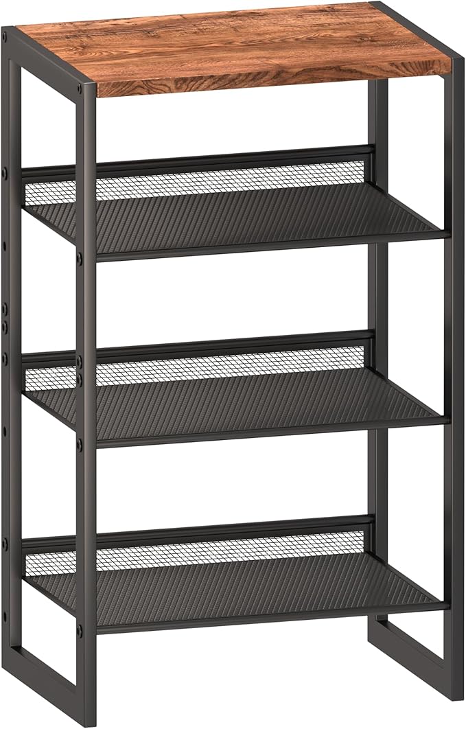 CHEMPFR Narrow 4-Tier Shoe Rack, Slim Space-Saving Shelf with Decorative Wood Top & Steel Mesh, Entryway/Closet/Dorm Organizer, 16.5x11.8x27.9 Inches