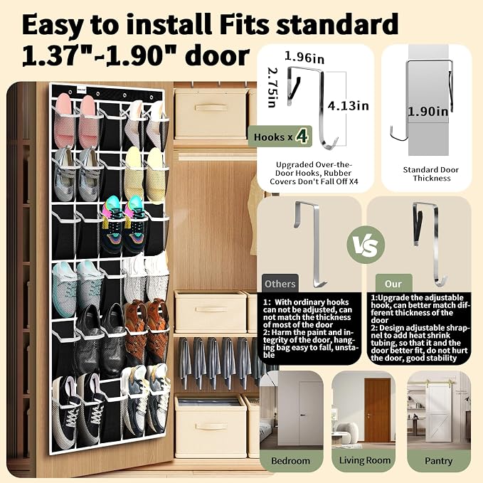 PAULONE Over the Door Organizer with 30 Large Pockets, 3 Sizes of Closet Hangers, Holds up to 69 lbs, Hanging Organizer with Clear Window for Children's Toys, Shoes, Diapers (Black)
