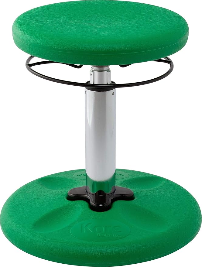 KORE DESIGN Adjustable Wobble Stool Chair, Girls + Boys Kid Desk Stools, Ergonomic Small Office Chairs, Flexible Seating for Active Kids, ADD/ADHD, Classroom, Home, Age 6-11, Standard (14-19in), Green