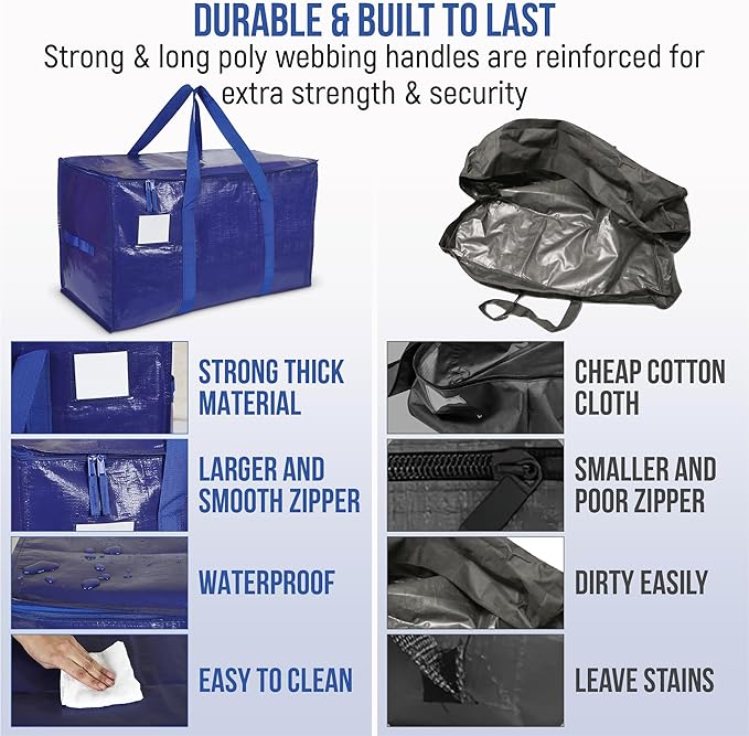 Yan & Hin Extra Large Moving Bags Heavy Duty 2 Pack, 90L Storage Bags for Moving with Zipper & Reinforced Handles, College Dorm Moving Bags, Reusable Packing Bags for Clothes, Blankets, Organization