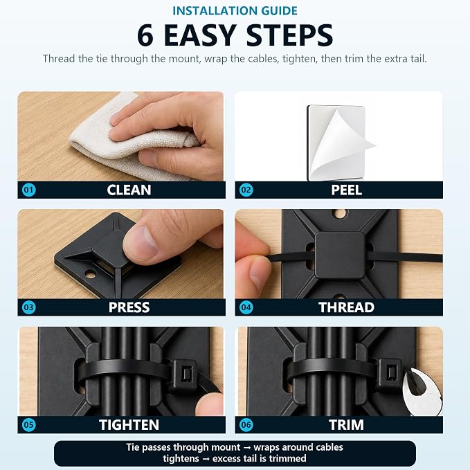 1" Adhesive Cable Tie Mounts – Strong Sticky Back Nylon Wire Holders for Cable Management in Home, Office, Car & Christmas Lights (BLACK-500)