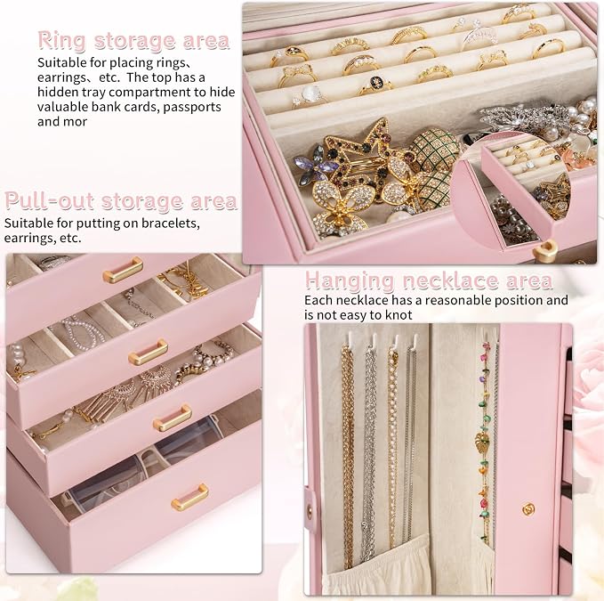 AKOZLIN 6-Tier Jewelry Box Organizer Functional 5 Drawers Leather Jewelry Storage Case for Women Girls Ring Necklace Earring Bracelet Holder Organizer with Mirror Light Pink Large