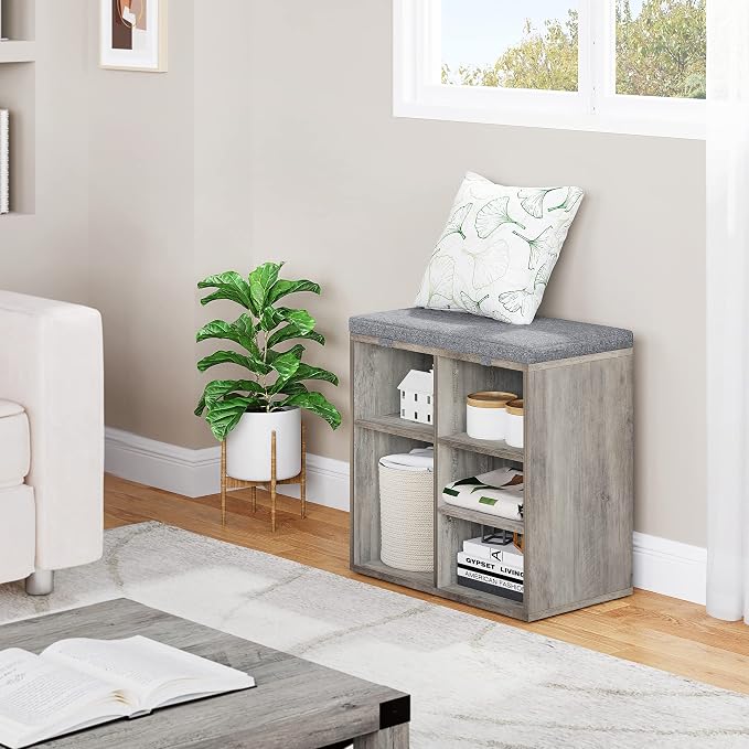 coucheta Shoe Storage Bench with Cushion, Cubby Seat Shoe Cabinet, Small Shoe Rack Bench with 3-Tier Adjustable Shelf for Entryway, Bedroom, Living Room, Hallway, Closet and Garage (Grey, 20 Inches)