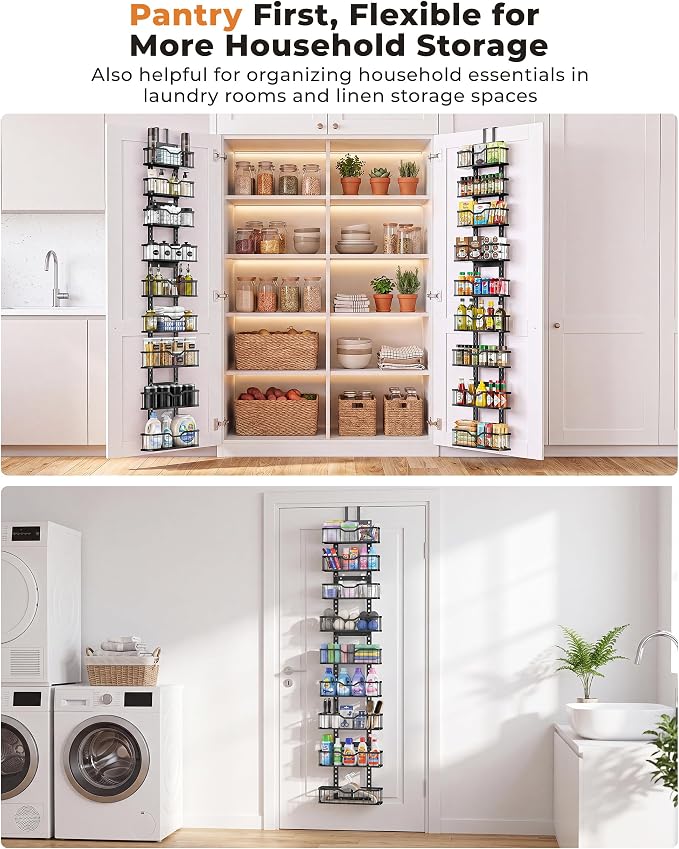 EVERIE Over the Door Pantry Organizer, 9-Tier Heavy Duty Door Storage Rack with Solid Bottom Baskets, Stable No-Bumping Design, Adjustable Hanging Shelves for Kitchen Pantry