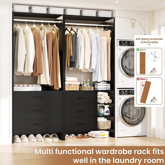 Aheaplus Closet System with 6 Drawers, 4.5ft Wood Closet Organizer System, Walk-in Closet or Small Closets Wardrobe, Clothes Rack with Hanging Rods, Set of 2 Black