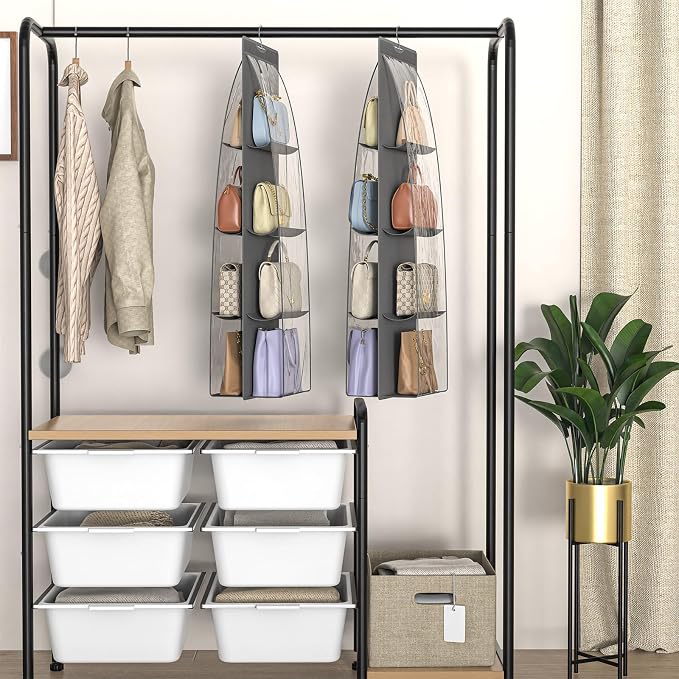 2 Packs 8 Pockets Grey Handbag Hanging Purse Organizer for Closet, Purse Storage, Purse Hanger and Handbag Organizer for Space Saving