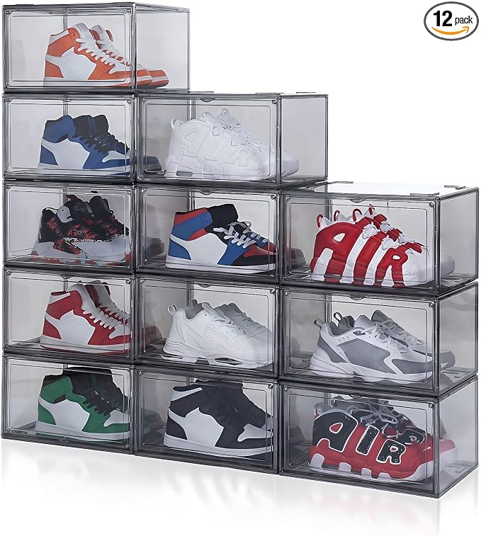 MMBABY 12 Pack Acrylic Shoe Boxes– Ultra Clear Plastic Stackable Sneaker Storage For Sneakerhead. Professional Grade Shoe Display Case with Magnetic Door.Fits US Size 15 (Grey-Side Open)