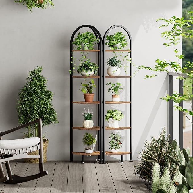Homhedy 5-Tier Arched Corner Shelf Stand, Wall Corner Bookshelf | Metal Frame, Plant Stand, Industrial Storage Rack Shelf for Living Room, Bedroom, Office, Bathroom, Rustic Brown