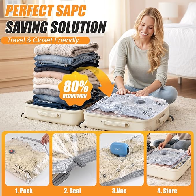 Travel Vacuum Storage Bags with Pump, 20 Pack Carry-on Compression Packing Bags + Portable Electric Pump, 80% Space Saver of Clothes, Vacuum Seal Bags for Clothing Travel Luggage