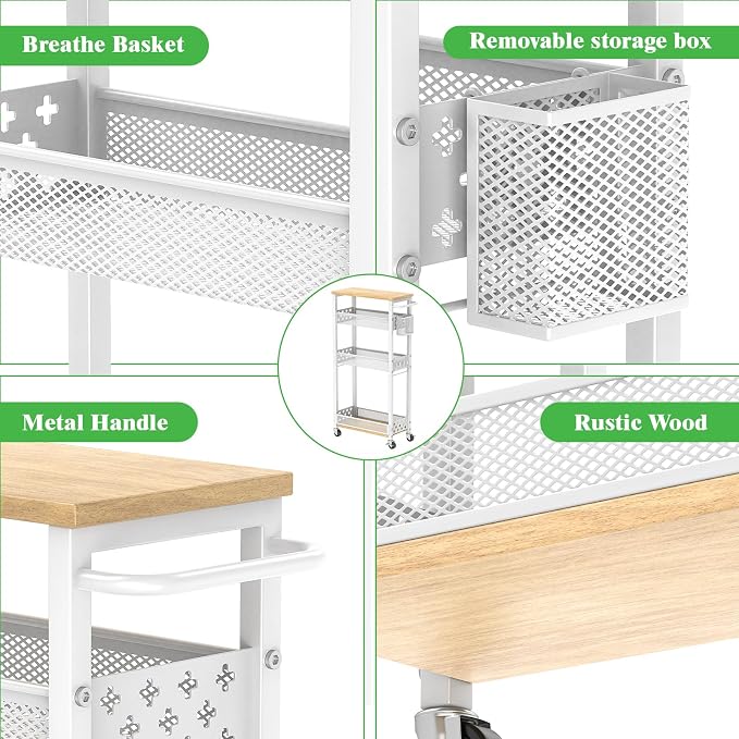4 Tier Slim Rolling Storage Cart, Laundry Room Cart on Wheels, Small Metal Bathroom Cart Kitchen Organizer Trolley with Handle and Mesh Basket, 7.1 inch Width for Narrow Space, White