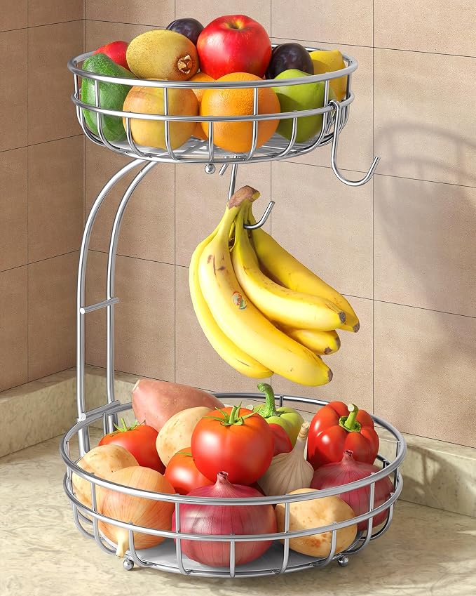 Sevenblue 2 Tier Modern Fruit Basket for Kitchen Counter, Silvery | Space-Saving Vertical Storage for Veggies, Bread, Snacks, Fits Under Cabinets, includes 2 banana hooks and protective mats
