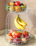 Sevenblue 2 Tier Modern Fruit Basket for Kitchen, Silvery, Extra Large | Space-Saving Vertical Storage for Veggies, Bread, Snacks, Fits Under Cabinets, includes 2 banana hooks and protective mats