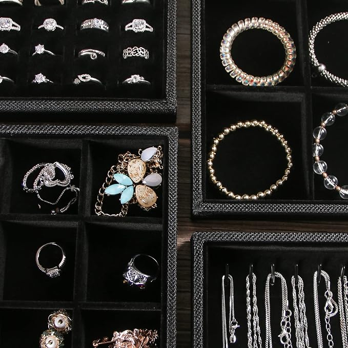 Julysky 4 Pcs/set Stackable Jewelry Organizer Trays for Drawer,100 Slots Ring Tray，Necklace Tray,12 Grid,24 Grid Jewelry Displays for Selling,Black